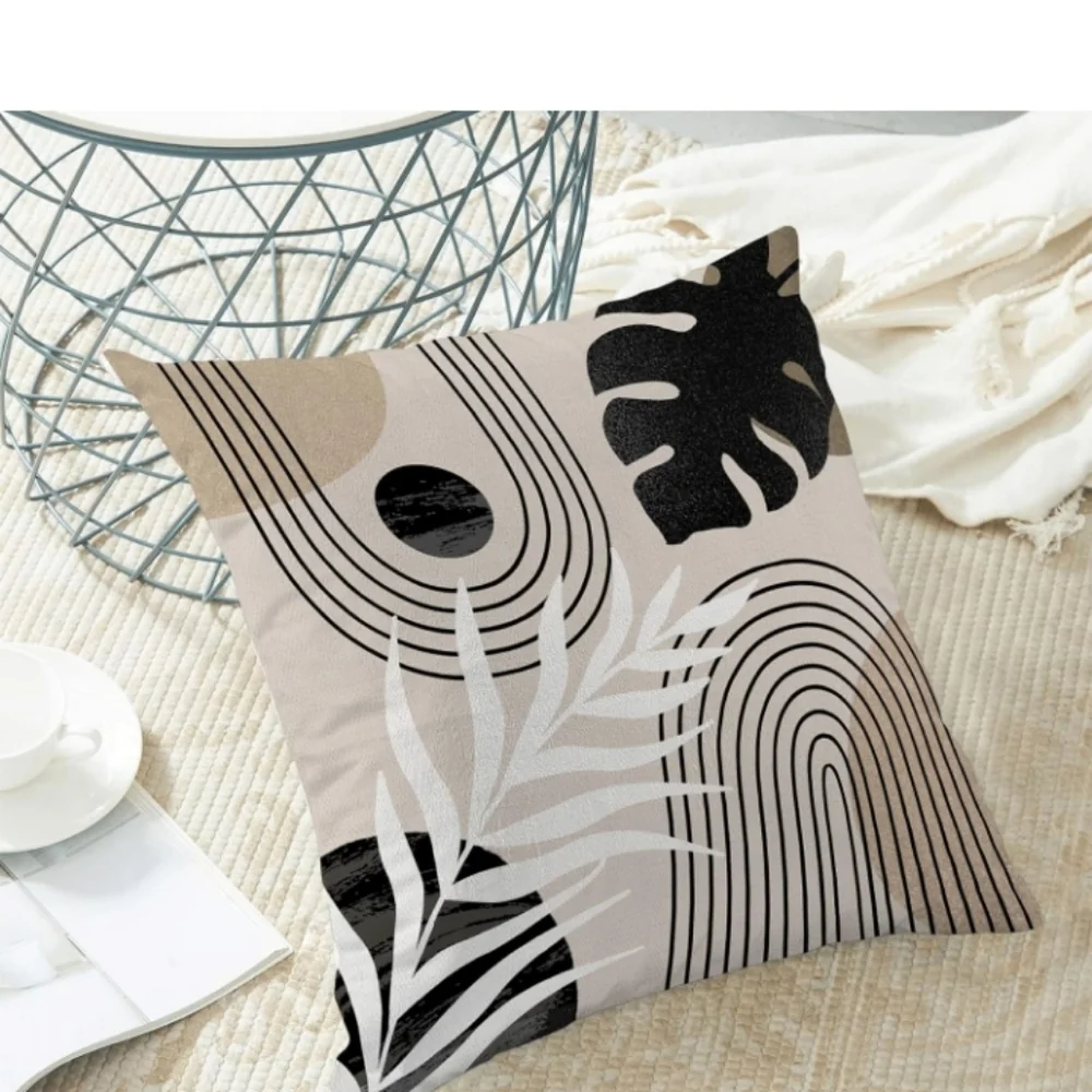 Boho Pillow Covers 18x18 Set of 2 Mid Century‎ Black Beige Tropical Leaf